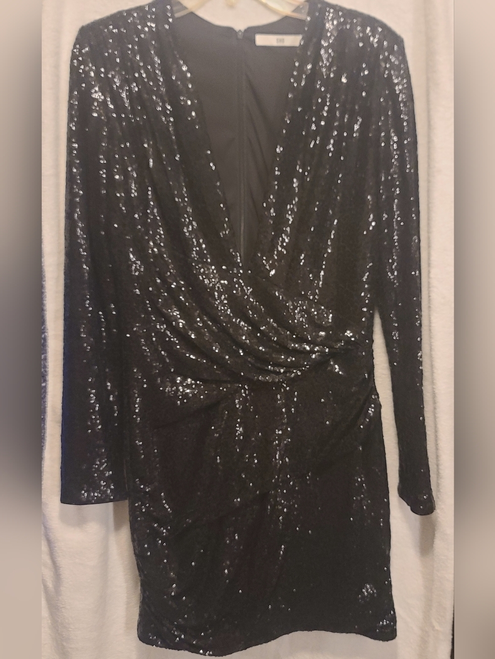 Black Sequin Long-Sleeve Wrap Dress